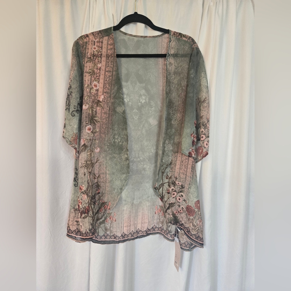 Emery Rose New Green/Pink Print Sheer Open Front Kimono Size 1XL